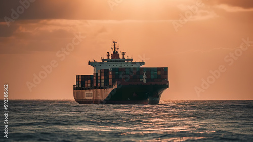 Container cargo ship in the sea, import export commerce transportation and logistic, golden hour, sunset