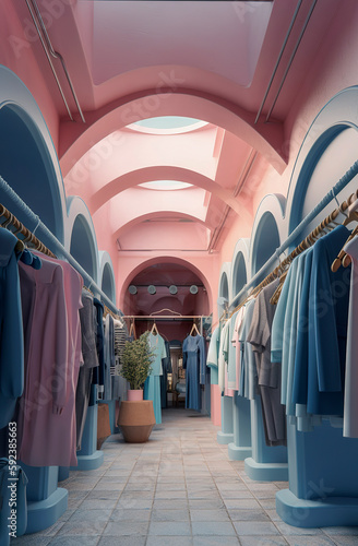 Generative AI illustration of Clothing store of luxury clothes with arch architecture decorated in pastel colors