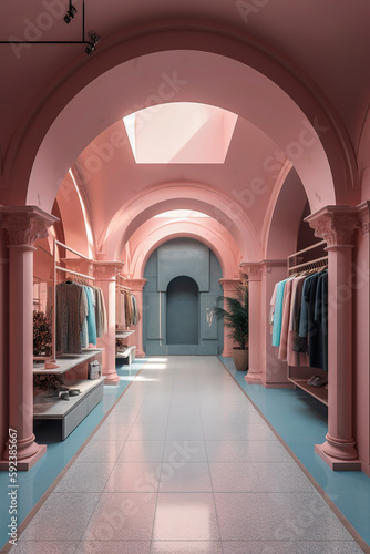 Generative AI illustration of Clothing store of luxury clothes with arch architecture decorated in pastel colors