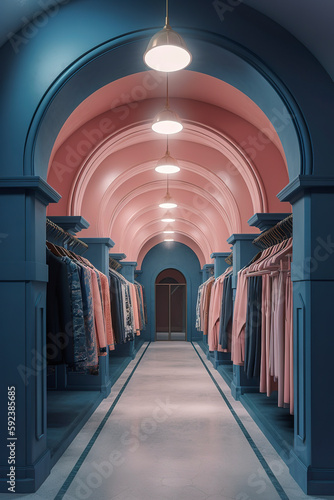 Generative AI illustration of Clothing store of luxury clothes with arch architecture decorated in pastel colors
