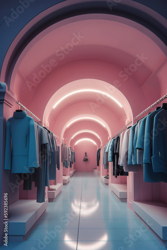 Generative AI illustration of Clothing store of luxury clothes with arch architecture decorated in pastel colors