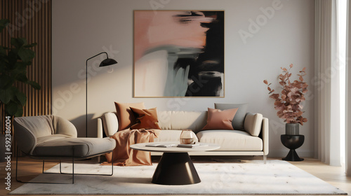 Stylish Living Room Interior with Mockup Frame Poster  Modern interior design  3D render  3D illustration  
