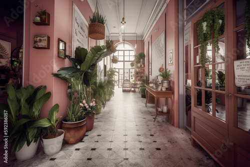 Generative AI concept of Retro luxury store of plants with colored door and glass window decorated in pink tone