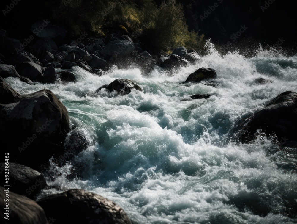 A close-up of a rushing river or waterfall, capturing the motion and power of the water