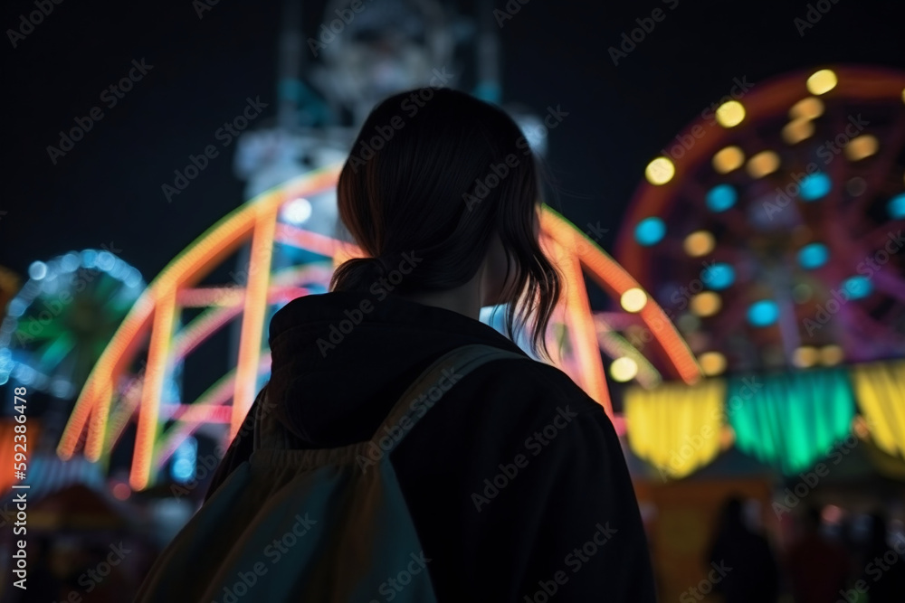 Obraz premium Girl in amusement park at night. Generative AI