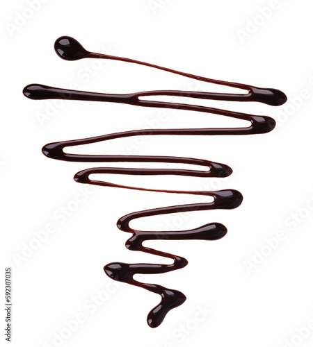 Chocolate syrup drizzle isolated on white background. Splashes of sweet chocolate sauce. Top view.