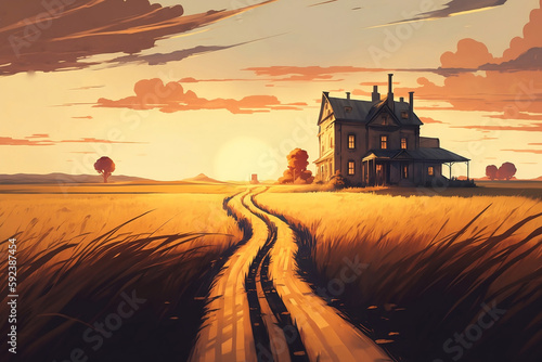 OLD HOUSE IN THE MIDDLE OF A WHEAT FIELD DIGITAL ART