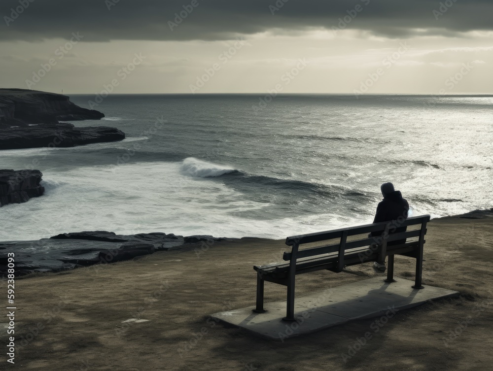 Fototapeta premium A person sitting alone on a bench, looking out at the sea