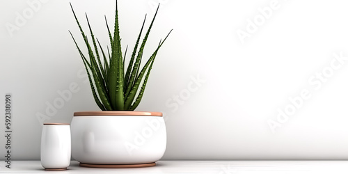 The Aloe Vera plant was placed in a modern pot and against a white wall - generative ai.