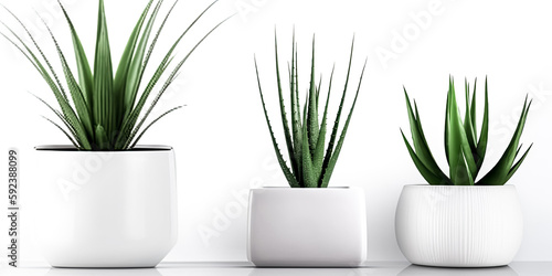 A modern pot with an aloe vera plant was placed against a white wall - generative ai