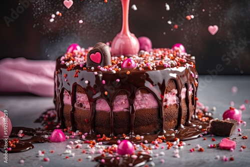 Papier peint Love is Sweet: Valentine's Day Surprise of Tasty Sprinkled Cake with Pink Hearts