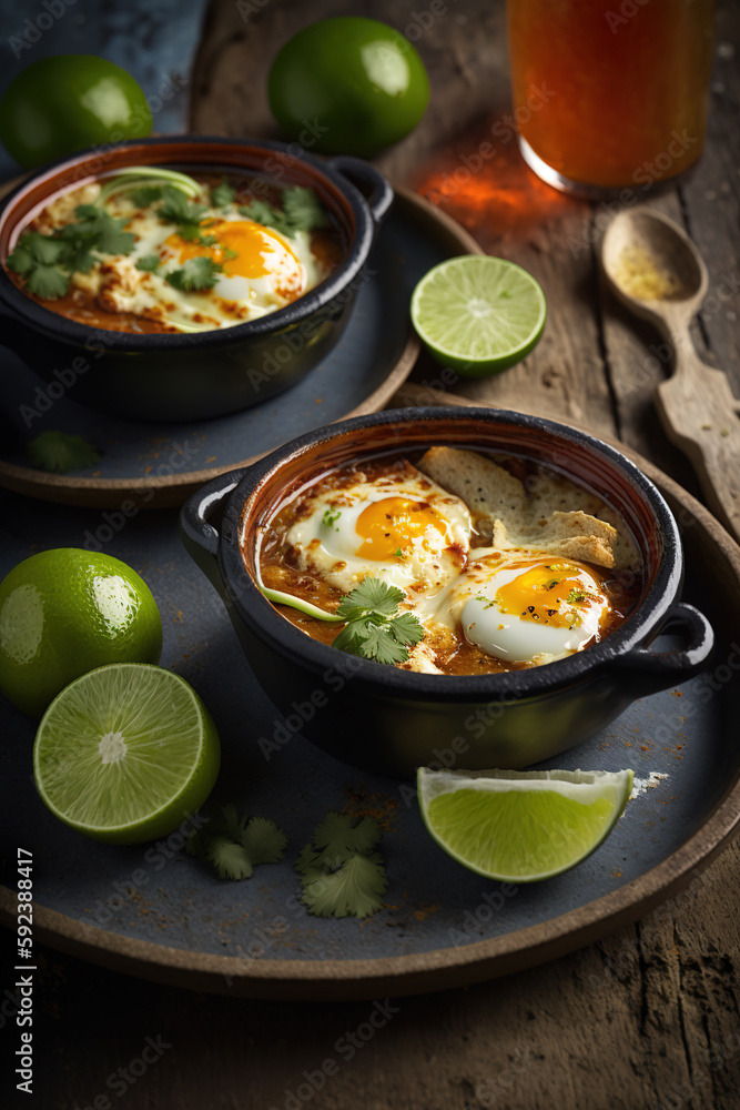 Mexican baked eggs with lime on rustic wooden table. Generative AI
