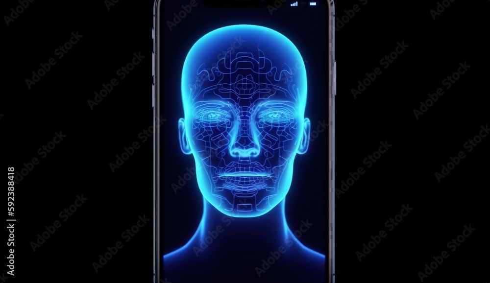 Illustration of artificial intelligence face on screen in mobile phone, technology concept. Generative AI Illustration of artificial intelligence face on screen in mobile phone, technology concept. Generative AI