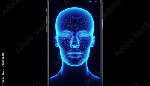 Illustration of artificial intelligence face on screen in mobile phone, technology concept. Generative AI