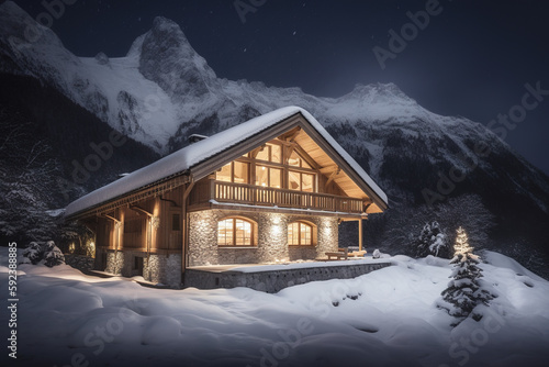 Chalet in alps with mountains in background and snow, night © Creatizen