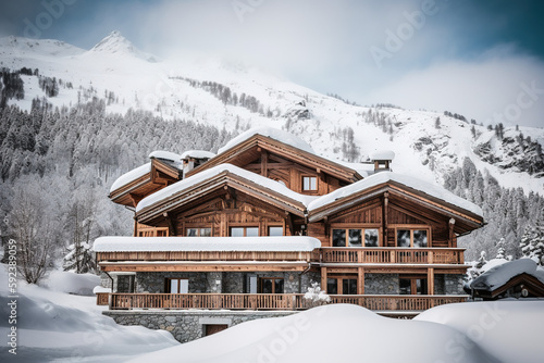 Chalet in alps with mountains in background and snow