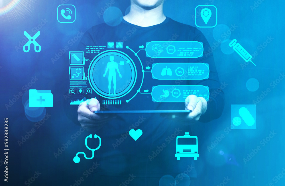 Tablet,Medical technology and futuristic concept.Digital healthcare and network on modern virtual screen.Health Check with digital system support for patient with medical icon at hospital.