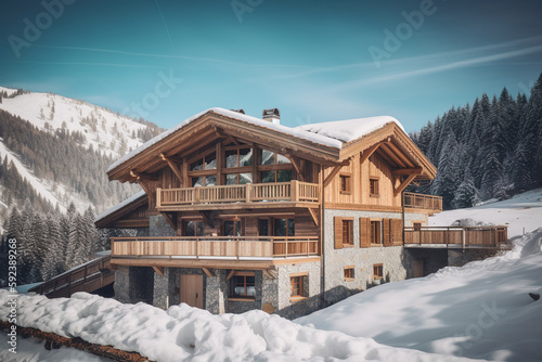 Chalet in alps with mountains in background and snow