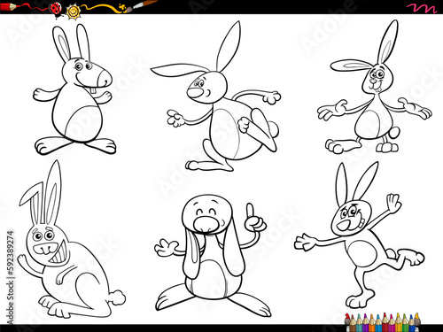 cartoon rabbits animal characters set coloring page