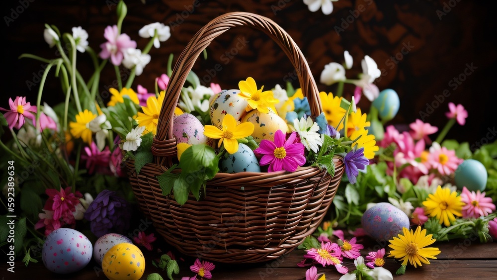 A background image of a colorful Easter egg basket with flowers in the background #3