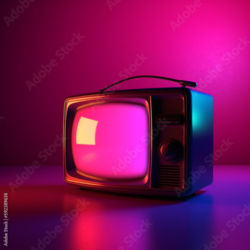 Retro Futuristic Television Sets with Knobs and Antennas on a Luminescent Gradient Background with Purple, Blue, and Pink Hues - TVs Generative AI