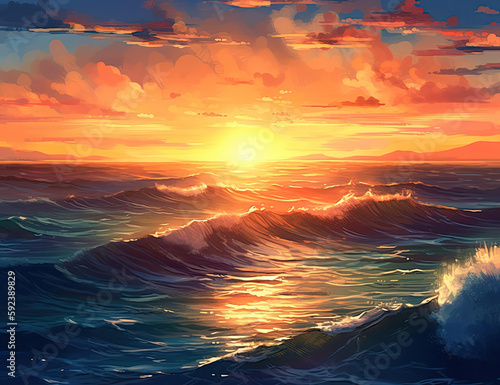 Beautiful Tropical Ocean Sunset, Background, Graphic Resource. Generative AI