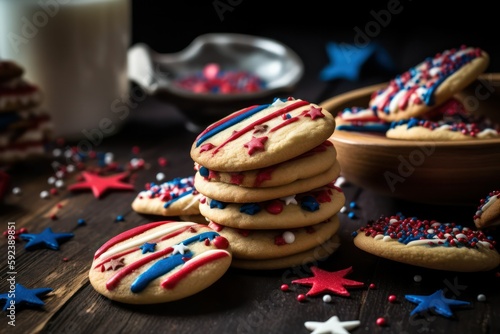 Happy USA Flag Day Homemade cookies with a pattern lies on a wooden table against the background of the American flag. 