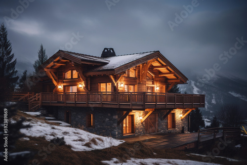 Chalet in alps with mountains in background and snow, night