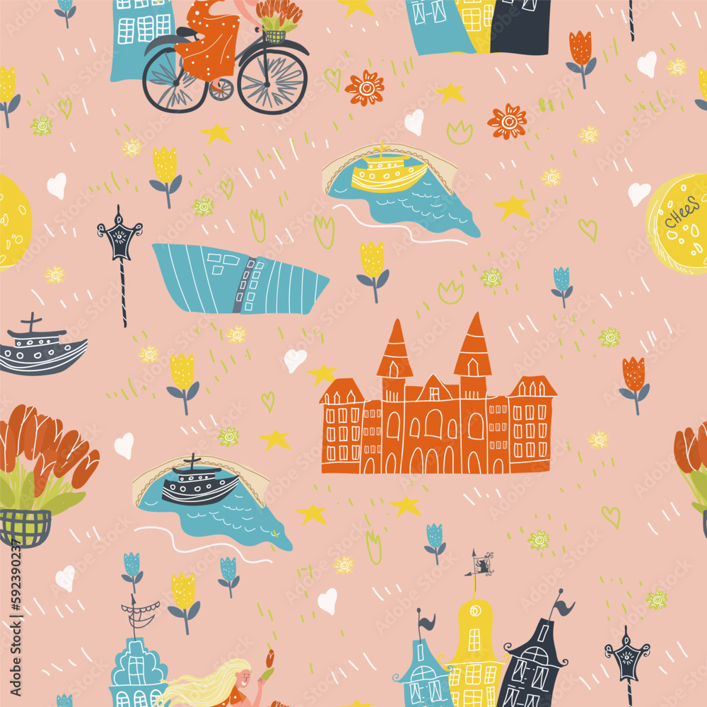 Fototapeta premium Holland, Netherlands, Amsterdam seamless pattern, hand drawn vector cartoon, Illustration for guidebook, poster, travel booklet, fashion design.