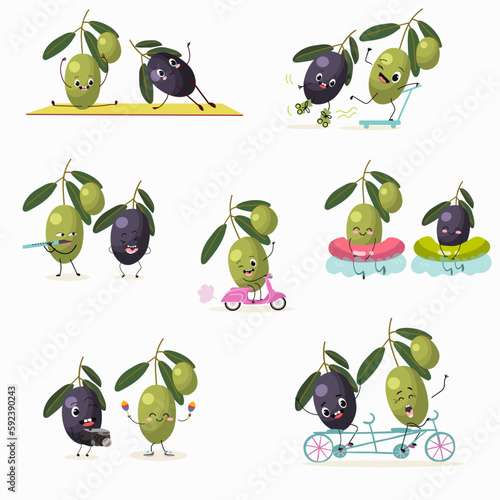 Illustration vector set, collection with funny characters olives.  Funny and healthy food. Vitamins, cute face food, ingredients, vegetarian, vector cartoon, agriculture, raw.
