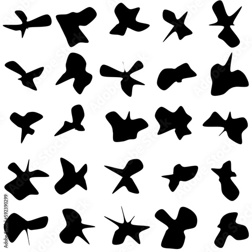 Set of 25 vector abstract art blob shapes with 14 points. Known as blotch shapes, liquid organic elements, pebble drops blob silhouettes and splashes. Use as pattern background.
