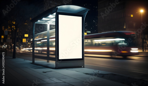 Empty billboard mockup at footpath or at roadside in city, side view blank billboard in city, Outdoor Advertising space in light box at bus stop in night, generative ai, empty signage mockup 
