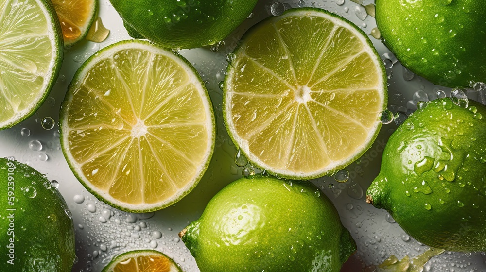 Fresh whole, half and sliced lime background with water drops. Close up Fresh whole, half and sliced lime background with water drops. Close up