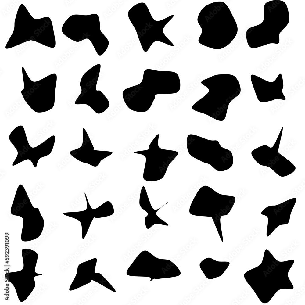 Set of 25 modern vector abstract art blob shapes with 10 points. Known as blotch shapes, liquid organic elements, pebble drops blob silhouettes and splashes. Use as pattern background. Set of 25 modern vector abstract art blob shapes with 10 points. Known as blotch shapes, liquid organic elements, pebble drops blob silhouettes and splashes. Use as pattern background.