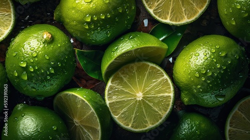 Fresh whole, half and sliced lime background with water drops. Close up