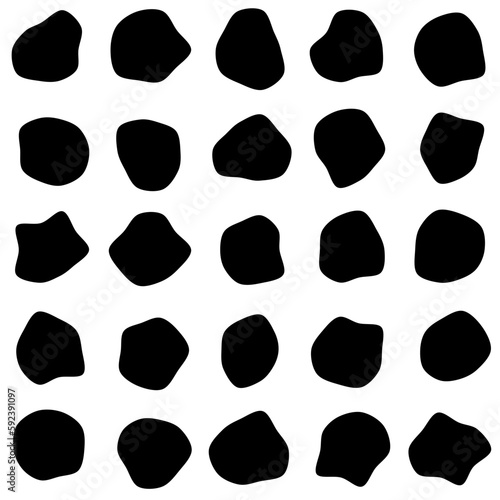 Set of 25 modern vector abstract art blob shapes with 10 points. Known as blotch shapes, liquid organic elements, pebble drops blob silhouettes and splashes. Use as pattern background.