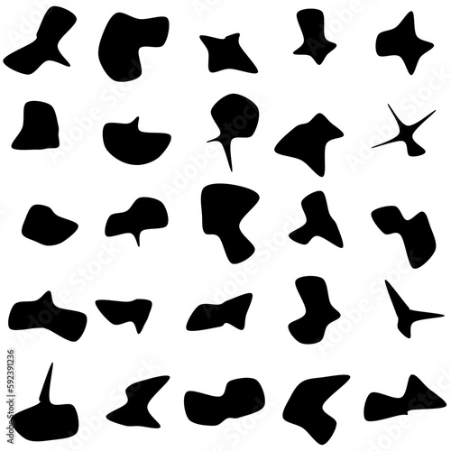 Set of 25 modern vector abstract art blob shapes with 9 points. Known as blotch shapes, liquid organic elements, pebble drops blob silhouettes and splashes. Use as pattern background.
