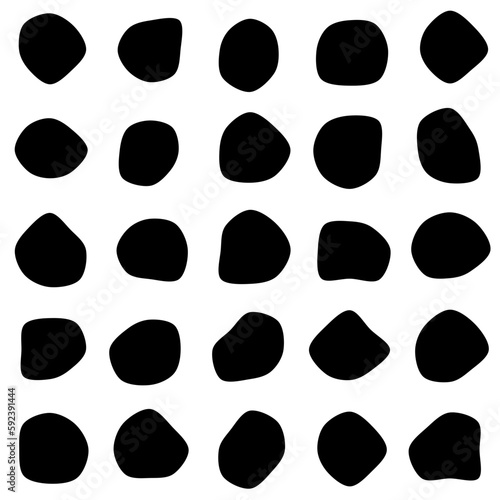 Set of 25 modern vector abstract art blob shapes with 8 points. Known as blotch shapes, liquid organic elements, pebble drops blob silhouettes and splashes. Use as pattern background.