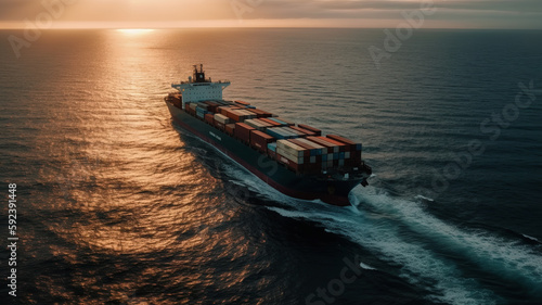 Container cargo ship in the sea at sunset, import export commerce transportation and logistic