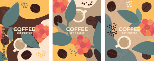 Coffee design poster set. Set of vector drawings, coffee tree and coffee grains. Design for poster, banner, card. Design elements.