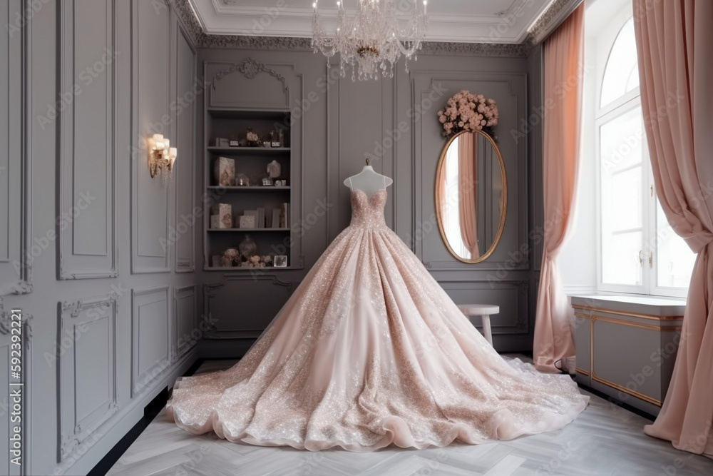 Sweet modern white wedding dress in the luxury room. Super photo realistic background, generative ai illustration Sweet modern white wedding dress in the luxury room. Super photo realistic background, generative ai illustration