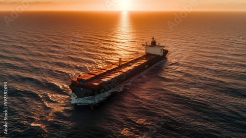 Container cargo ship in the sea, import export commerce transportation and logistic, sunset ocean