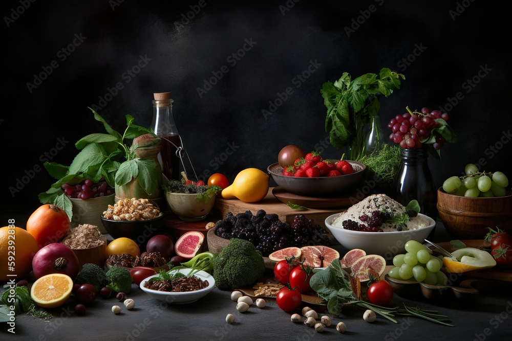 A perfectly arranged still-life setup of delicious and healthy food A perfectly arranged still-life setup of delicious and healthy food