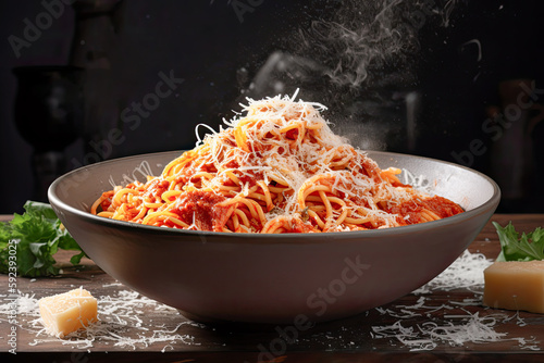 Food styling photography, a bowl of freshly made pasta with rich tomato sauce and Parmesan cheese, black background, using natural light to high
