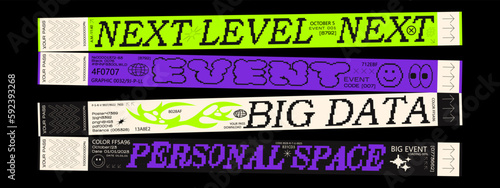 Control bracelets for events, disco, festival, fan zone, party, staff. Vector mockup of a festival bracelet in a futuristic y2k style.