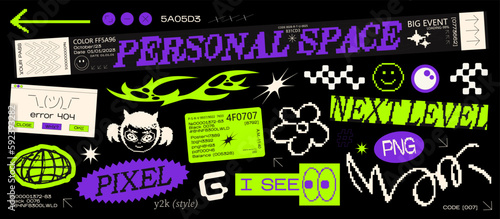 Collection acid y2k various patches , labels, tags, stickers,tickets bracelet stamps in retro style. Stickers in cyberpunk futuristic style in 2000s style. Vector set, trendy promo labels