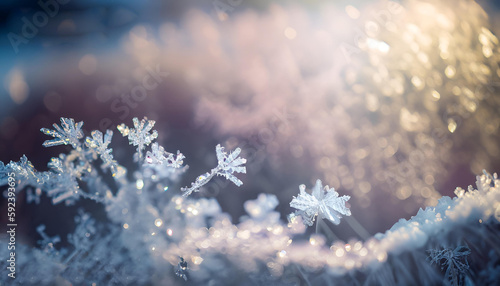 winter background. bright pastel colors. flirring bokeh. snow flakes bokeh. ice crystals bokeh. ice flowers in focus
