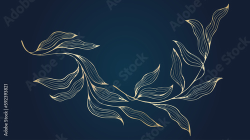 Houseplant tradescantia gold twig on dark blue background vector wallpaper illustration. Golden ivy branch, willow sprout isolated. Indor plant tradescantia leaves or abstract willow branch art deco.