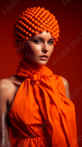 Beautiful blonde model in a trendy orange dress - ai generative