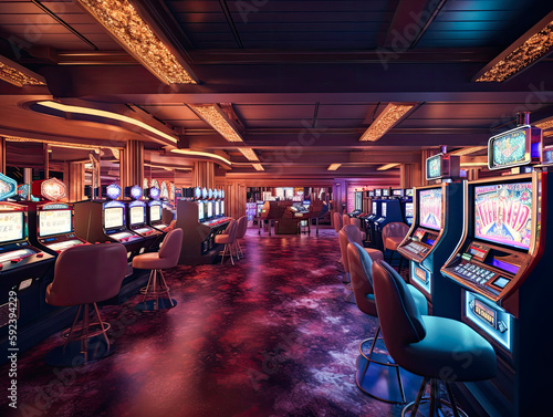 Luxury casino interior with lots of slot machines View of the interior of a casino, lots of slot machines 
